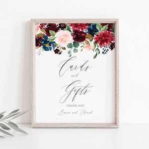 Enseigne pour cartes et cadeaux de mariage bleu marine bordeaux, enseigne de table de mariage, cartes et cadeaux floraux, mariage floral, téléchargement immédiat, Templett - WD4