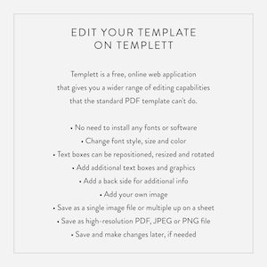 May include: A white text graphic on a gray background with the text "Edit Your Template on Templett". The text describes the features of the Templett online web application, including the ability to change font style, size, and color, add text boxes and graphics, and save as a single image file or multiple up on a sheet.