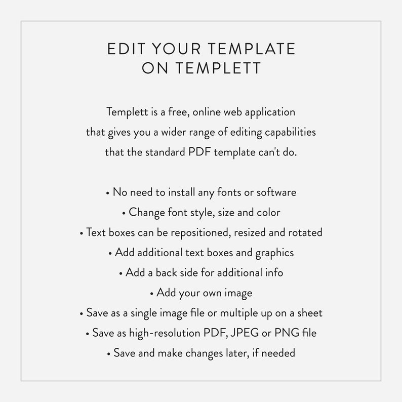 May include: A white text graphic on a gray background with the text "Edit Your Template on Templett". The text describes the features of the Templett online web application, including the ability to change font style, size, and color, add text boxes and graphics, and save as a single image file or multiple up on a sheet.