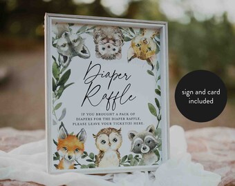 Sorteo de pañales para baby shower de Woodland, Sorteo de pañales de Woodland, Letrero para sorteo de pañales, Inserto para baby shower, Descarga instantánea, Templett - BB20