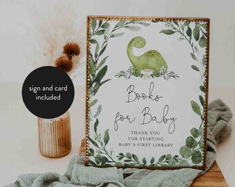 Dinosaur Baby Shower Books For Baby, Dinosaur Books For Baby, Books For Baby Sign, Books Request Card, Instant Download, Templett - BB12B