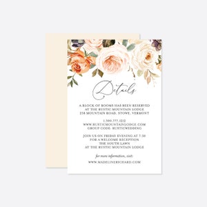 Cartão de detalhes do casamento de outono, cartão de detalhes do casamento de outono, cartão de detalhes florais do casamento, cartão de acomodação, download instantâneo, Templett - WD25