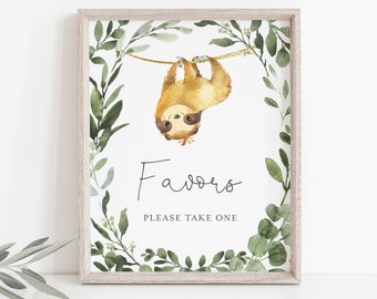 May include: A printable sign with a watercolor illustration of a sloth hanging upside down from a branch surrounded by green leaves. The sign says "Favors" and "Please Take One".