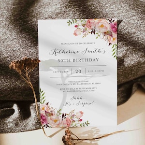 Pink Floral Adult Birthday Invitation, Floral Birthday Invitation, Floral Invitation, Flower Invitation, Instant Download, Templett - AB1