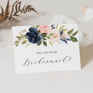 Navy Blush Wedding Proposal Card, Navy and Blush Will You Be My Bridesmaid Card, Floral Proposal Card, Instant Download, Templett - WD22