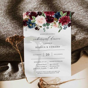 Burgundy Navy Wedding Rehearsal Dinner Invitation, Wedding Rehearsal Invitation, Floral Invitation, Instant Download, Templett - WD4