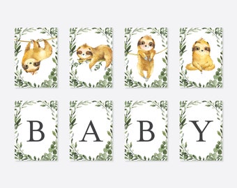 Puede incluir: Una pancarta de baby shower con un diseño de guirnalda de hojas verdes. La pancarta deletrea "BABY" con cada letra en un marco separado. Cada marco presenta una linda ilustración de perezoso.