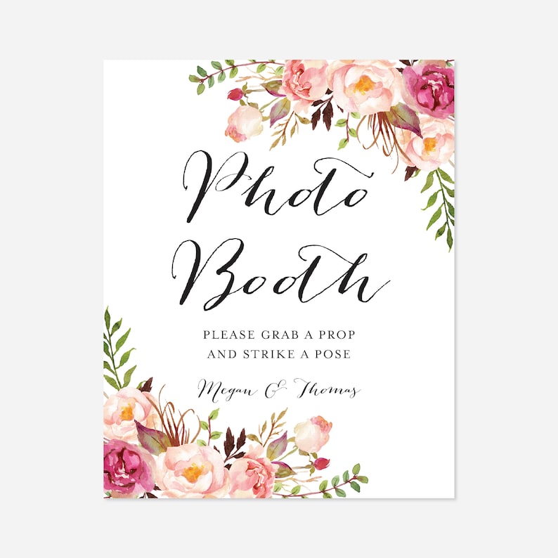 Instant Download Wedding Photo Booth Props Pink Floral Wedding Photo Booth Sign Templett Floral Wedding Floral Photo Booth Sign WD1
