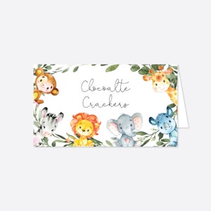 May include: A white card with a watercolour illustration of a giraffe, monkey, zebra, lion, elephant, and rhino. The text "Chocolate Crackers" is written in black cursive.