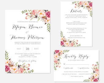 Pink Floral Wedding Invitation Suite, Wedding Invitation Set, Wedding Invitation Bundle, Floral Invitation, Instant Download, Templett - WD1