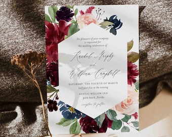 Burgundy Navy Wedding Invitation, Wedding Party Invitation, Floral Wedding Invitation, Floral Invitation, Instant Download, Templett - WD4D
