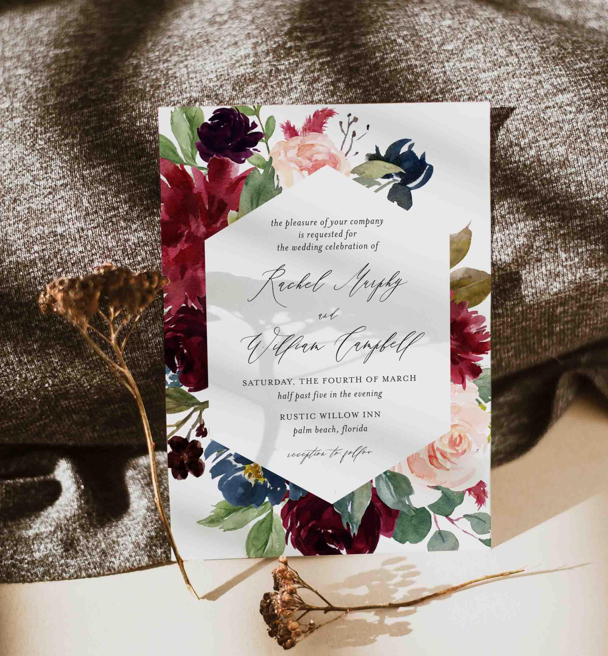 Burgundy Navy Wedding Invitation - Floral Wedding Invitation Suite