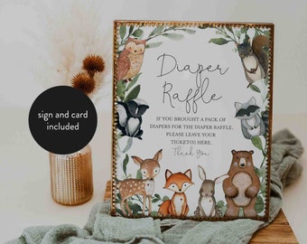 Sorteo de pañales para baby shower con temática de bosque, Sorteo de pañales con animales del bosque, Letrero para sorteo de pañales, Inserto para baby shower, Descarga instantánea, Templett -BB15