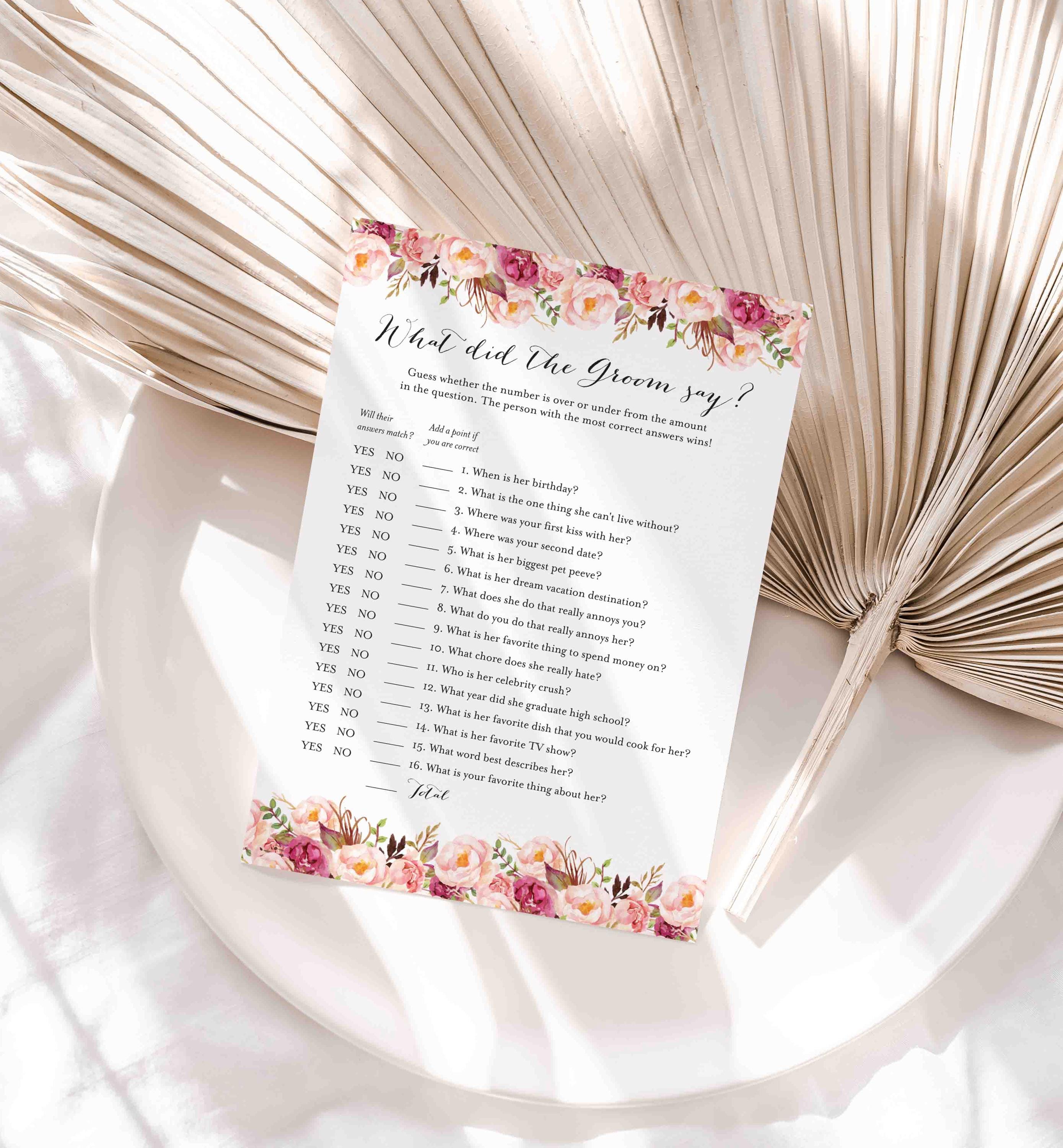Pink Floral Bridal Shower What Did The Groom Say Game, What Did The Groom Say, Floral What Did The Groom Say, Instant Download, Templett-BR1