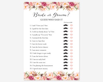 Pink Floral Bridal Shower He Said She Said Game, He Said Game, She Said Game, Bride or Groom Game, Instant Download, Templett - BR1