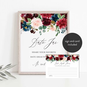 Idées de date de mariage bleu marine bordeaux, carte de conseils de soirée de mariage, conseils de mariage floral, téléchargement immédiat, Templett - WD4