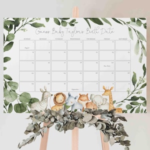 May include: A white calendar with a green leafy border and a title that reads "Guess Baby Taylor's Birth Date". The calendar is for August and September. There are cute animal illustrations at the bottom of the calendar.