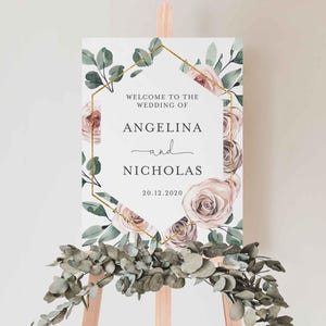 Letrero de bienvenida para boda con rosas bohemias, rosa empolvado, floral rosa empolvado, descarga instantánea, Templett - WD5