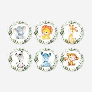 May include: Six round stickers with a white background and a green leafy border. Each sticker features a different watercolour illustration of a cute animal: an elephant, a lion, a giraffe, a zebra, a rhinoceros, and a monkey.