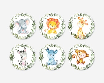 May include: Six round stickers with a white background and a green leafy border. Each sticker features a different watercolor illustration of a cute animal: an elephant, a lion, a giraffe, a zebra, a rhinoceros, and a monkey.