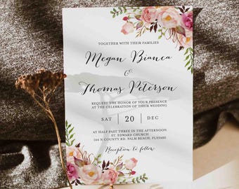 Pink Floral Wedding Invitation, Wedding Party Invitation, Floral Wedding Invitation, Floral Invitation, Instant Download, Templett - WD1