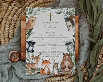 Woodland Baptism Invitation, Woodland Animals Baptism Invitation, Boy Baptism Invitation, Baptism Invitation, Instant Download,Templett-RL15