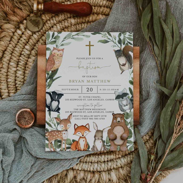 Woodland Baptism Invitation, Woodland Animals Baptism Invitation, Boy Baptism Invitation, Baptism Invitation, Instant Download,Templett-RL15