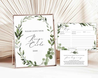 Greenery Bridal Shower Recipe Card, Eucalyptus Bridal Shower Recipe Card, Foliage Recipe Card, Instant Download, Templett - BR23