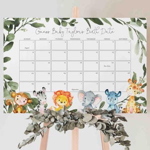 May include: A white calendar with a jungle theme, featuring a green leafy border and cute animal illustrations. The calendar is titled "Guess Baby Taylor's Birth Date" and includes the months of August and September.
