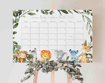 May include: A white calendar with a jungle theme, featuring a green leafy border and cute animal illustrations. The calendar is titled "Guess Baby Taylor's Birth Date" and includes the months of August and September.