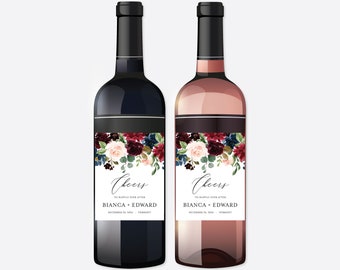 Burgund marine Hochzeit Wein und Champagner Label, Hochzeit Wein Label, Floral Wein Label, Blumen Hochzeit, Instant Download, Templett - BT4