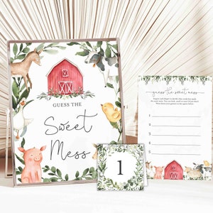 May include: A printable baby shower game with a farmhouse theme. The game is called "Guess the Sweet Mess" and features a red barn, farm animals, and greenery. The game includes a sign with the game title and instructions, as well as individual cards with numbers 1 through 5.