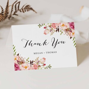 Tarjeta de agradecimiento floral rosa para boda, tarjeta de agradecimiento plegada, tarjeta de boda plegada, boda floral, descarga instantánea, Templett - WD1