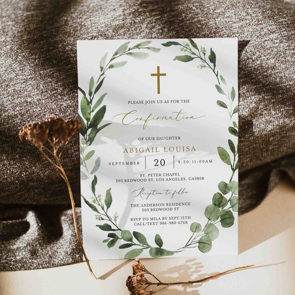 Greenery Confirmation Invitation, Eucalyptus Confirmation Invitation, Foliage Confirmation Invitation, Instant Download, Templett - RL23