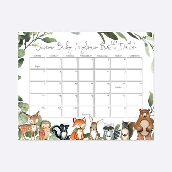 Woodland Baby Shower Due Date Calendar Game, Woodland Due Date Calendar Game, Guess The Birthday, Woodland Instant Download, Templett - BB15
