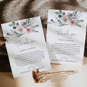 Nota de agradecimiento para boda con rosas bohemias, nota de agradecimiento en rosa empolvado, nota de agradecimiento floral en rosa empolvado, descarga instantánea, Templett - WD5