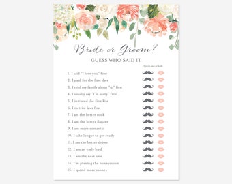 Peach And Cream Bridal Shower He Said She Said Game, He Said Game, She Said Game, Bride or Groom Game, Instant Download, Templett - BR2