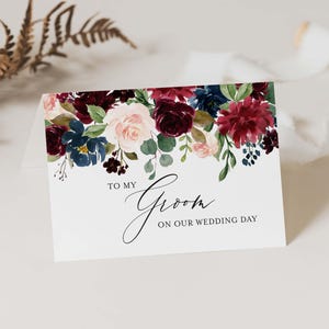 Carte de mariage bordeaux bleu marine, à mon marié, à ma mariée le jour de notre mariage, mariage floral, téléchargement immédiat, Templett - WD4