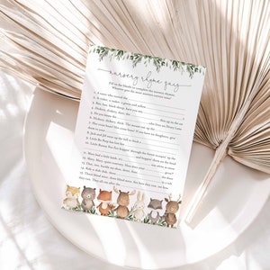 Woodland Baby Shower Nursery Rhyme Quiz Game, Woodland Nursery Rhyme Quiz Game, Nursery Rhyme Quiz, Instant Download, Templett - BB10