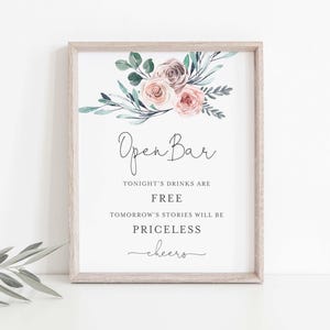 Boho Rose Wedding Open Bar Sign, Dusty Rose Wedding Open Bar Sign, Dusty Pink Floral Wedding Open Bar Sign, Instant Download, Templett - WD5