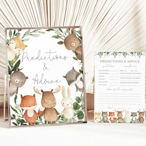 Prédictions et conseils pour une baby shower des bois, prédictions et conseils sur les animaux de la forêt, jeux pour baby shower, téléchargement immédiat, Templett - BB10