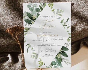 May include: A green and white floral design with gold text on a white background. The text reads "Please join us for a Sweet Sixteen in honor of Rachel Olivia, September 20, 3:00-5:00PM, The Blushed Oak, 144 N County Rd, Palm Beach, FL33480, Hosted by The Ribote Family, RSVP by September 15th."