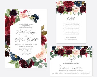 Burgundy Navy Wedding Invitation Suite, Wedding Invitation Set, Wedding Invitation Bundle, Floral Invitation, Instant Download,Templett-WD4D