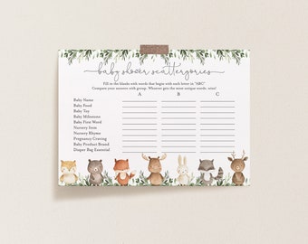 Woodland Baby Shower Scattergories Game, Woodland Scattergories Game, Woodland Animals Scattergories Game, Instant Download, Templett - BB10