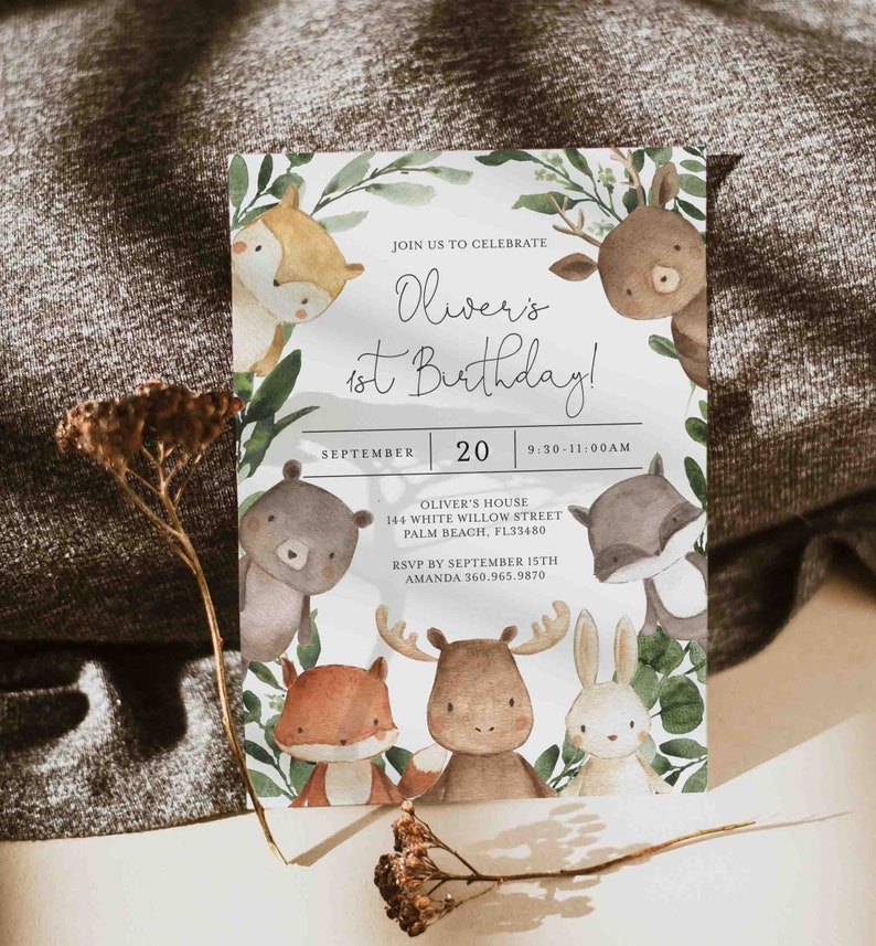 Woodland Birthday Invitation, Woodland Animals Birthday Invitation, Woodland Invitation, Woodland Invite, Instant Download, Templett KB10 image 1