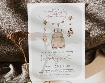 Boy Baby Clothes Shower Invitation, Boy Baby Shower Invitation, Boho Boy Baby Shower Invitation, Instant Download, Templett - BB68