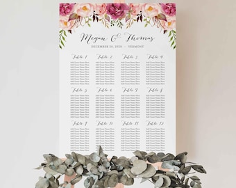Pink Floral Wedding Seating Chart, Wedding Seating Sign, Floral Seating Chart, Floral Wedding, Instant Download, Templett - WD1