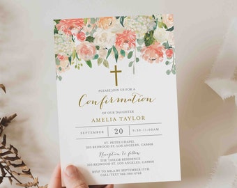 Peach And Cream Confirmation Invitation, Floral Confirmation Invitation, Girl Confirmation Invitation, Instant Download, Templett - RL2