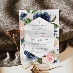 Navy Blush Baptism Invitation, Floral Baptism Invitation, Navy and Blush Baptism Invitation, Instant Download, Templett - RL22D