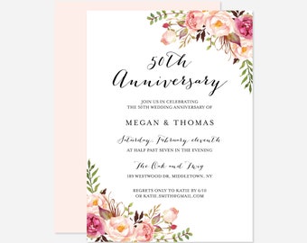 Pink Floral Wedding Anniversary Invitation, Wedding Anniversary Invite, Editable Anniversary, Floral Anniversary, Floral Invitation - WD1